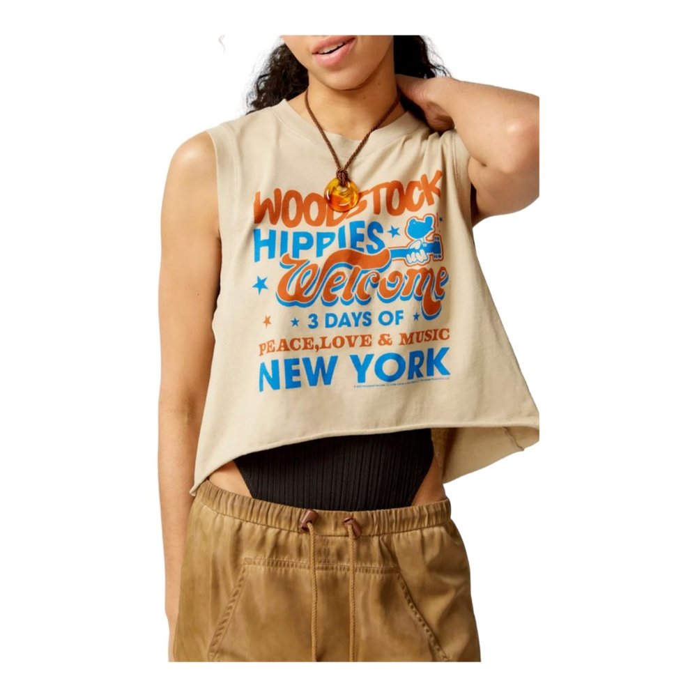 Woodstock New York Poster Muscle Crop Tank Top Shirt Ivory Women's